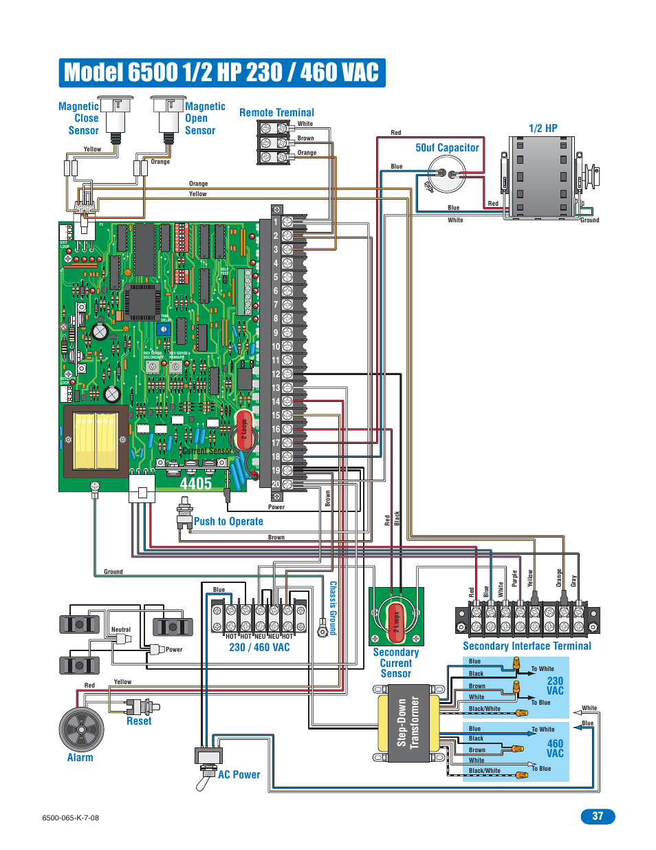 Secondary current sensor, Magnetic close sensor, Step-down transformer | Current sensor | DoorKing 6500 User Manual | Page 39 / 48