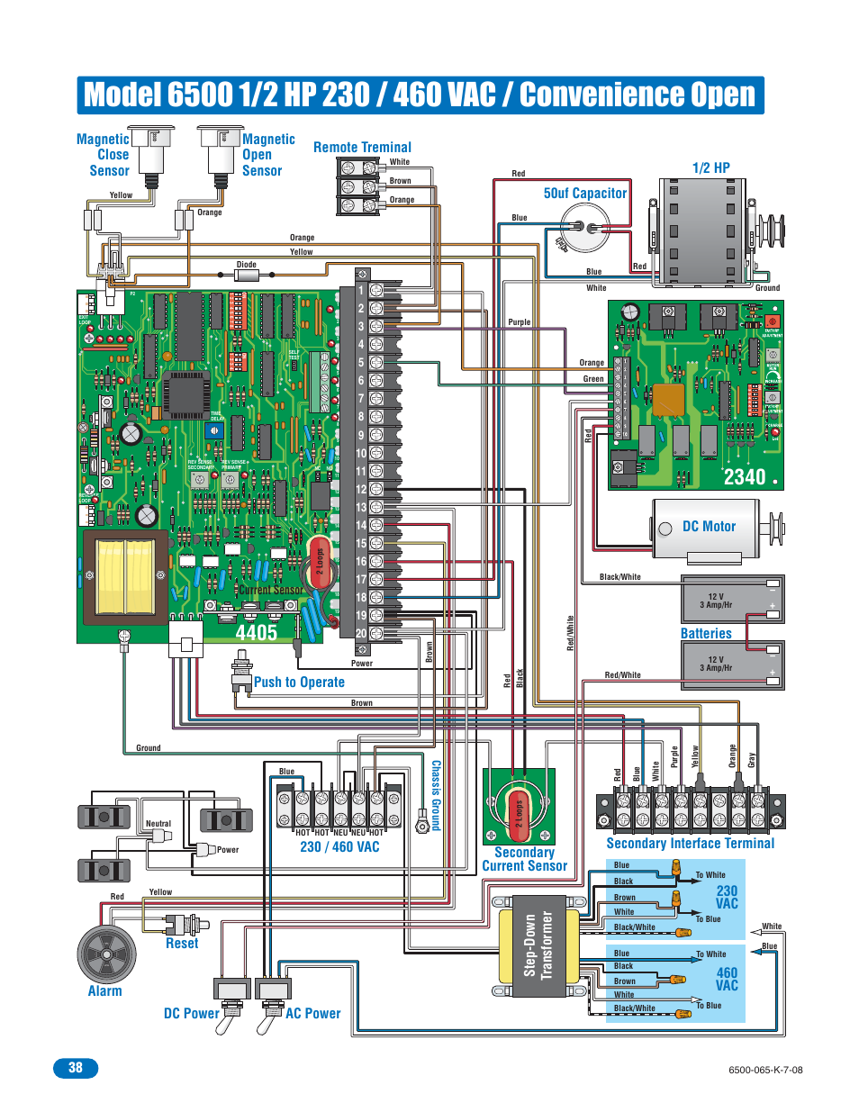 Batteries, Magnetic close sensor, Dc motor | Secondary current sensor, Step-down transformer, Remote treminal, Current sensor | DoorKing 6500 User Manual | Page 40 / 48