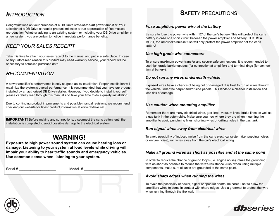 Db_e1-2, Warning, Ntroduction | K eep your sales receipt, R ecommendation, Afety precautions | DB Drive DBA80.4 User Manual | Page 10 / 16