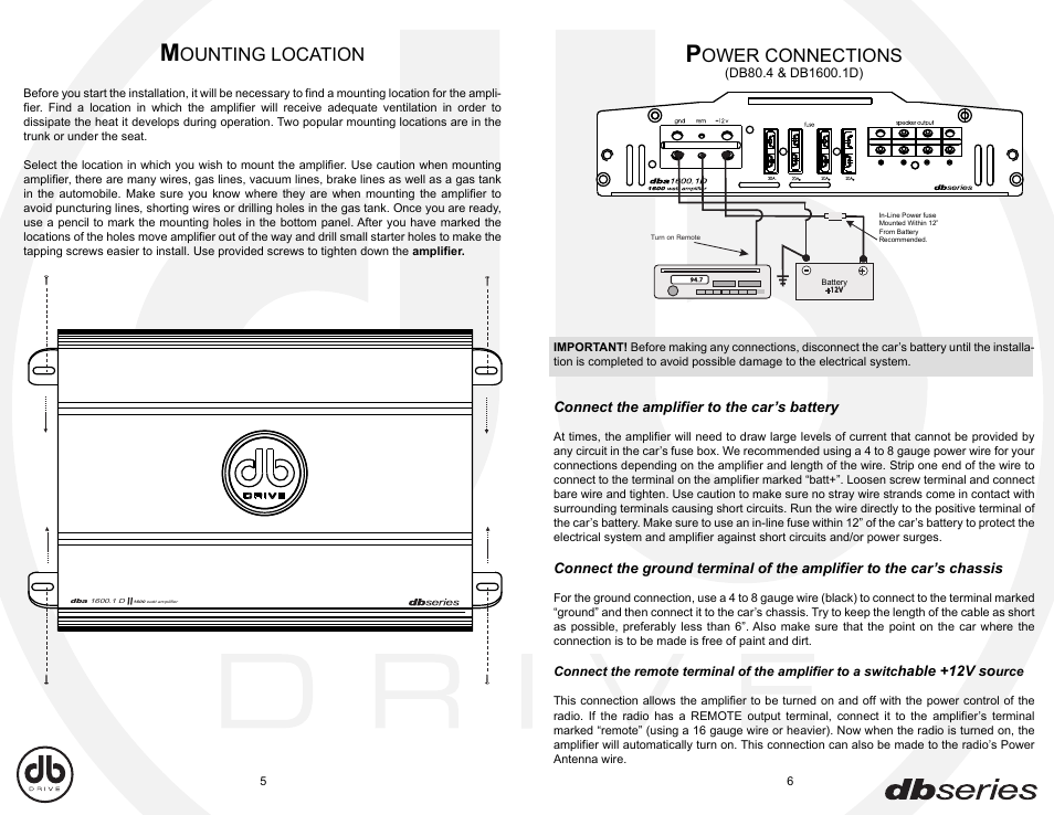 Dba_e5-6, Ounting location, Ower connections | DB Drive DBA80.4 User Manual | Page 12 / 16