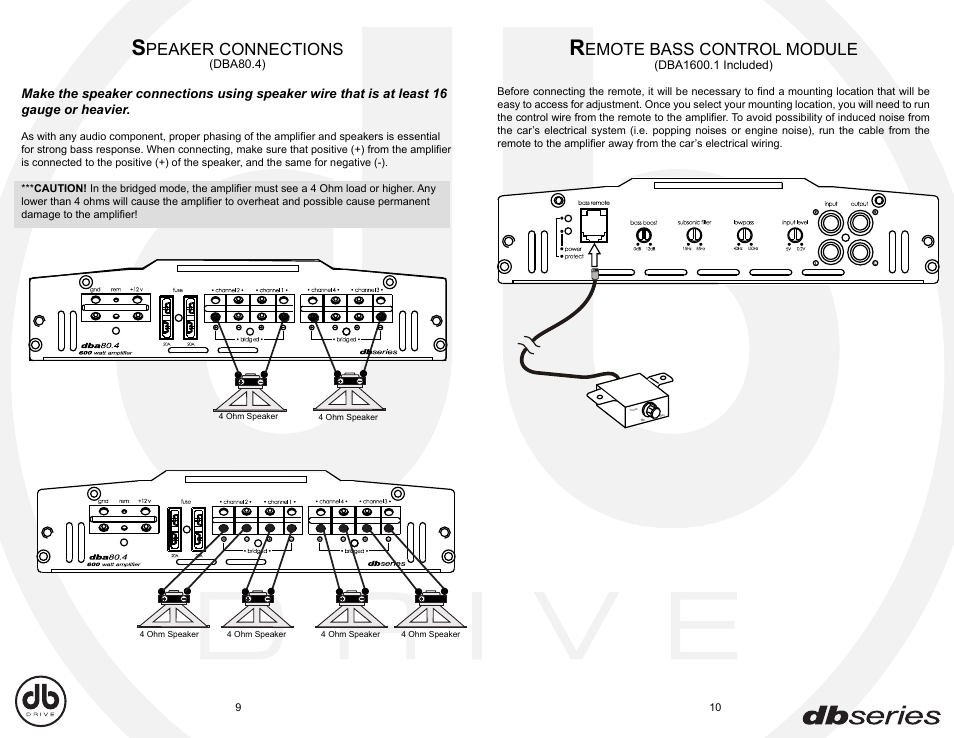 Dba_e9-10, Peaker connections, Emote bass control module | DB Drive DBA80.4 User Manual | Page 14 / 16