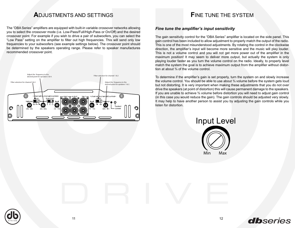 Dba_e11-12, Input level, Djustments and settings | Ine tune the system | DB Drive DBA80.4 User Manual | Page 15 / 16