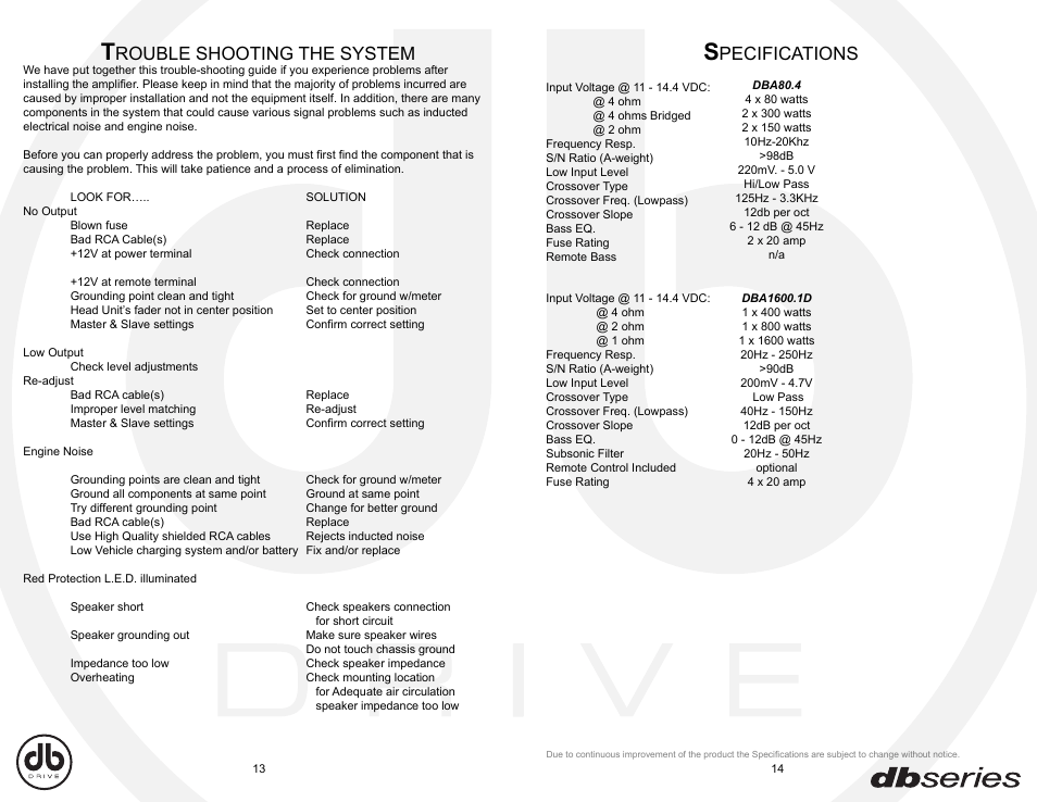 Db_e13-14, Rouble shooting the system, Pecifications | DB Drive DBA80.4 User Manual | Page 16 / 16