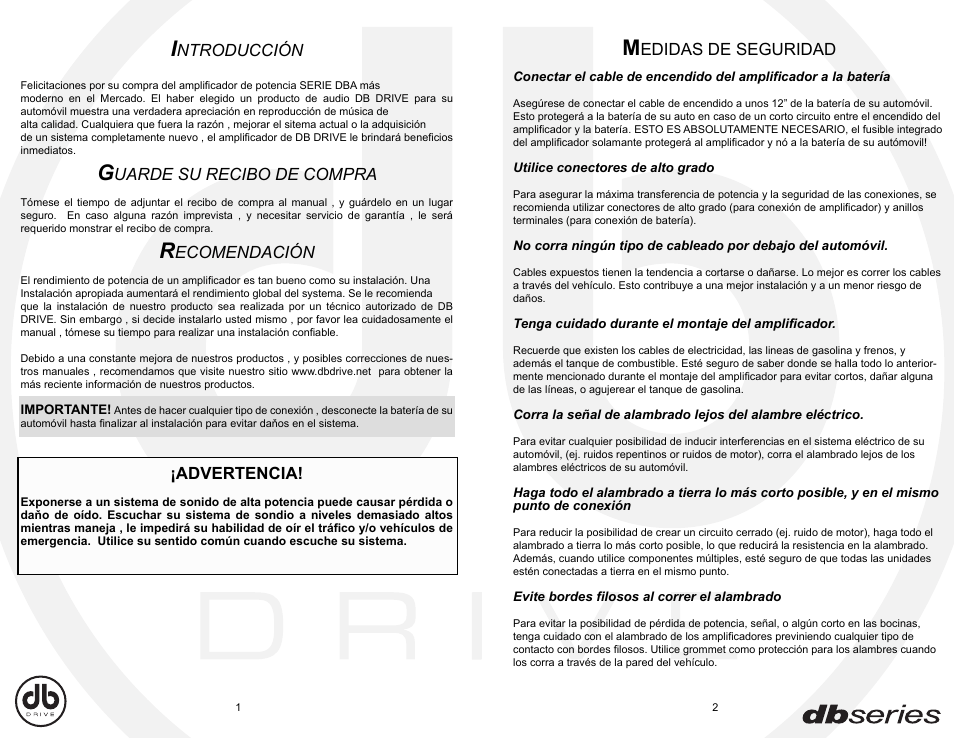 Dba_sp1-2, Ntroducción, Uarde su recibo de compra | Ecomendación, Advertencia, Edidas de seguridad | DB Drive DBA80.4 User Manual | Page 2 / 16