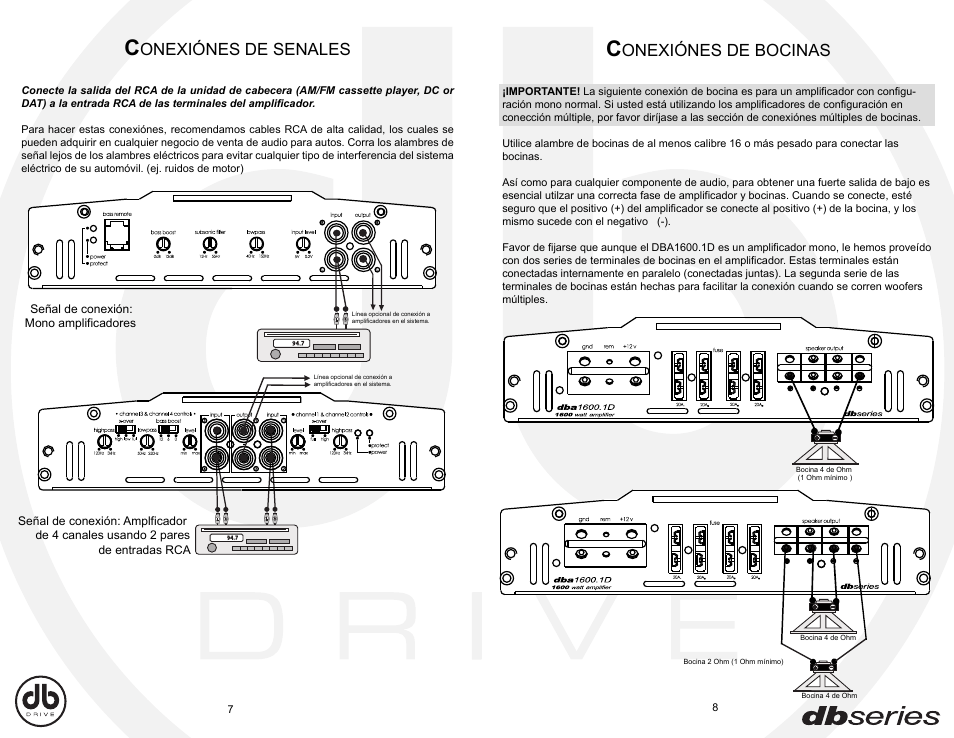 Dba_sp7-8, Onexiónes de senales, Onexiónes de bocinas | DB Drive DBA80.4 User Manual | Page 5 / 16