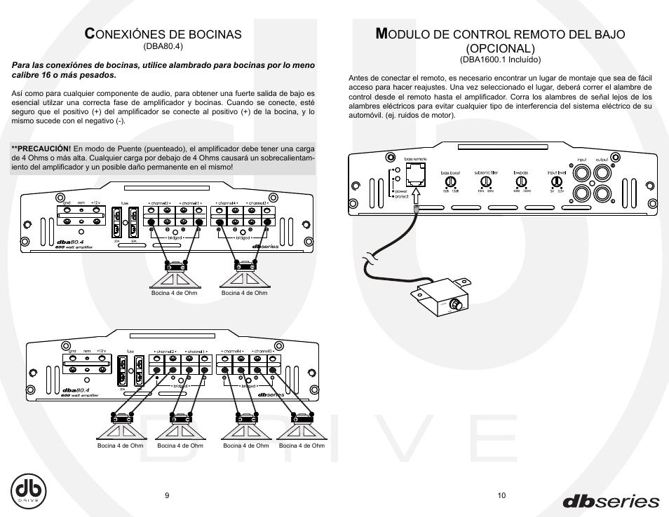 Dba_sp9-10, Onexiónes de bocinas, Odulo de control remoto del bajo (opcional) | DB Drive DBA80.4 User Manual | Page 6 / 16