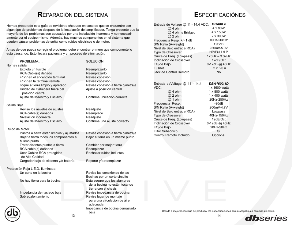 Dba_sp13-14, Eparación del sistema, Specificaciónes | DB Drive DBA80.4 User Manual | Page 8 / 16