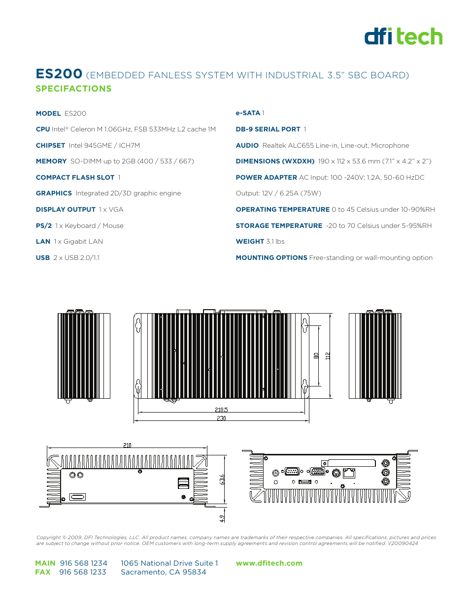 Es200, Specifactions | DFI Technologies ES200 User Manual | Page 2 / 2