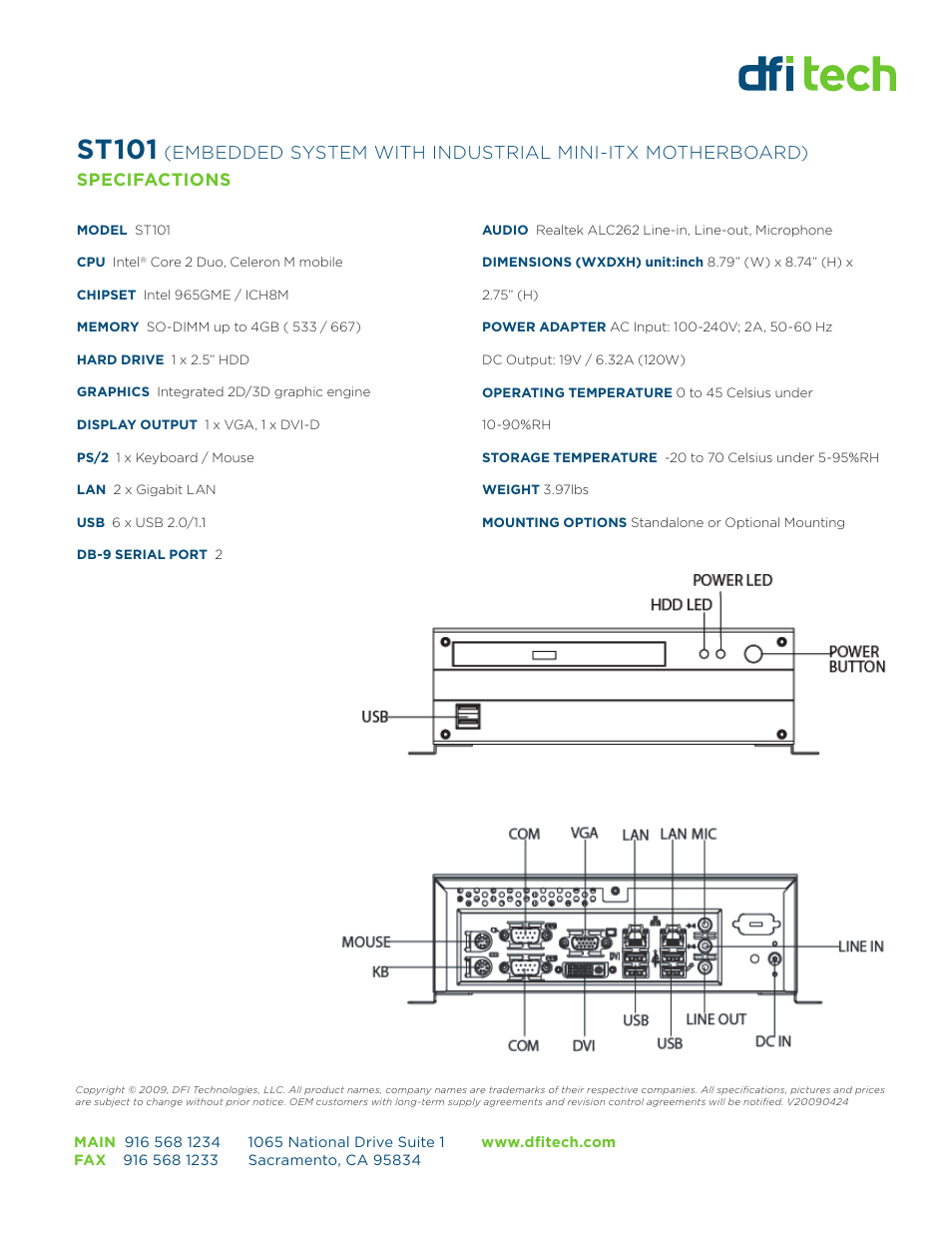 St101, Specifactions | DFI Technologies ST101-SR User Manual | Page 2 / 2