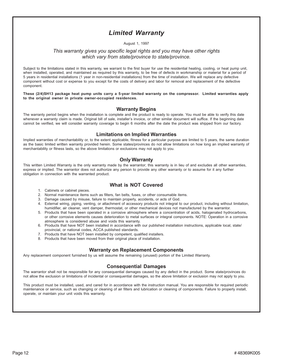 Limited warranty | Ducane (HVAC) (2/4)SH13 User Manual | Page 12 / 12