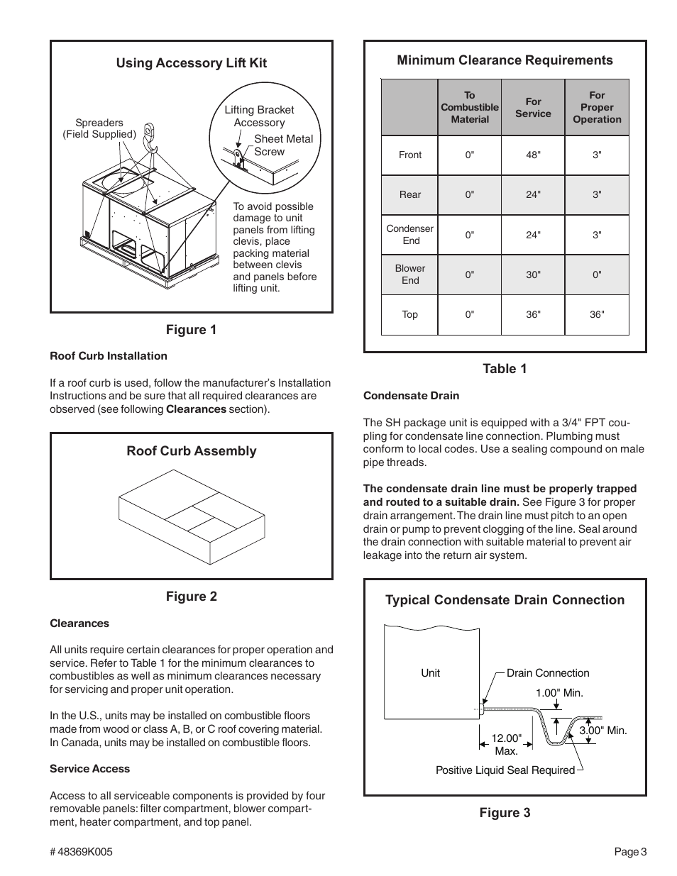 Roof curb assembly figure 2 table 1, Minimum clearance requirements | Ducane (HVAC) (2/4)SH13 User Manual | Page 3 / 12