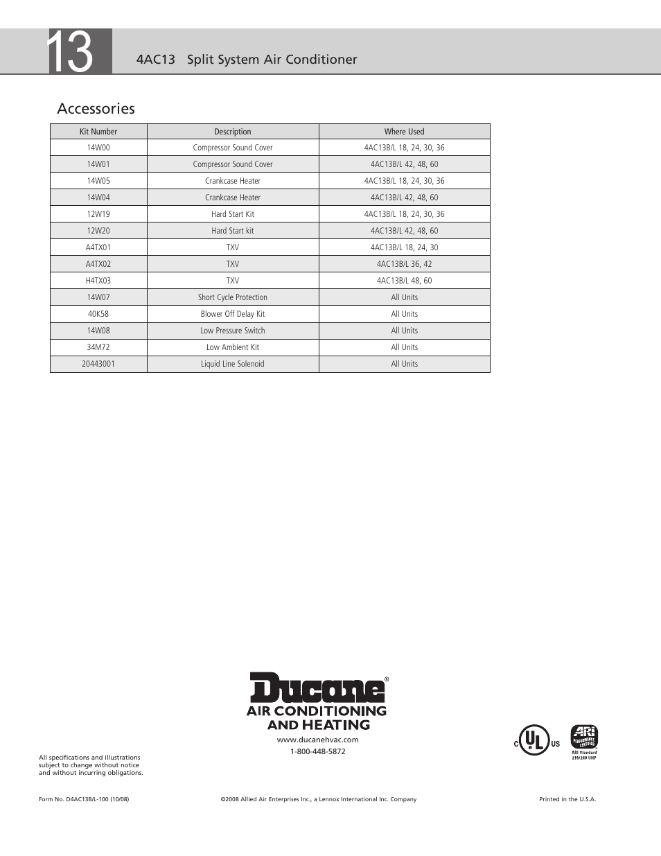 Accessories, 4ac13 split system air conditioner | Ducane (HVAC) 4AC13 User Manual | Page 6 / 6