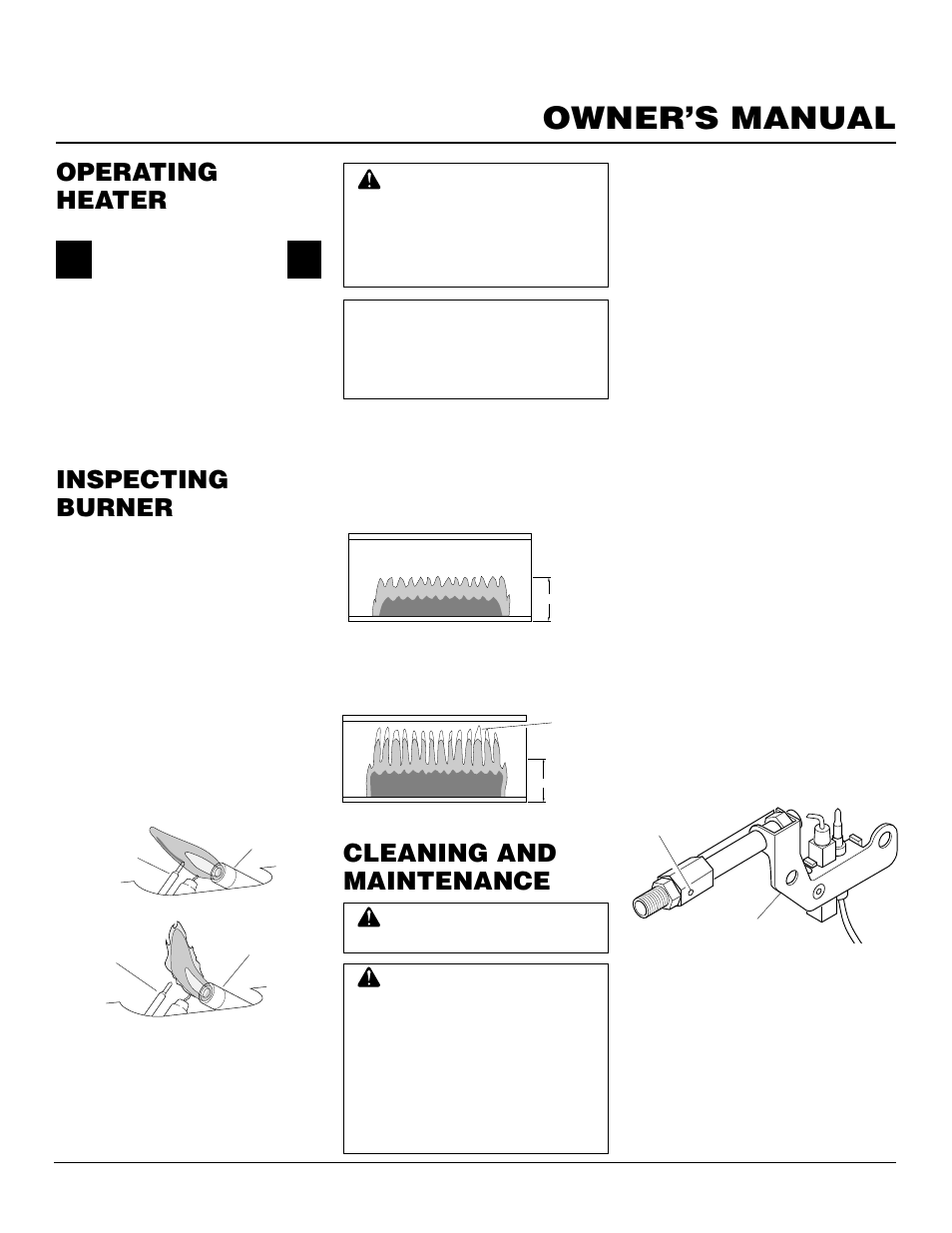 Owner’s manual, Inspecting burner, Operating heater | Cleaning and maintenance, Continued | Desa FB-10BA User Manual | Page 13 / 26