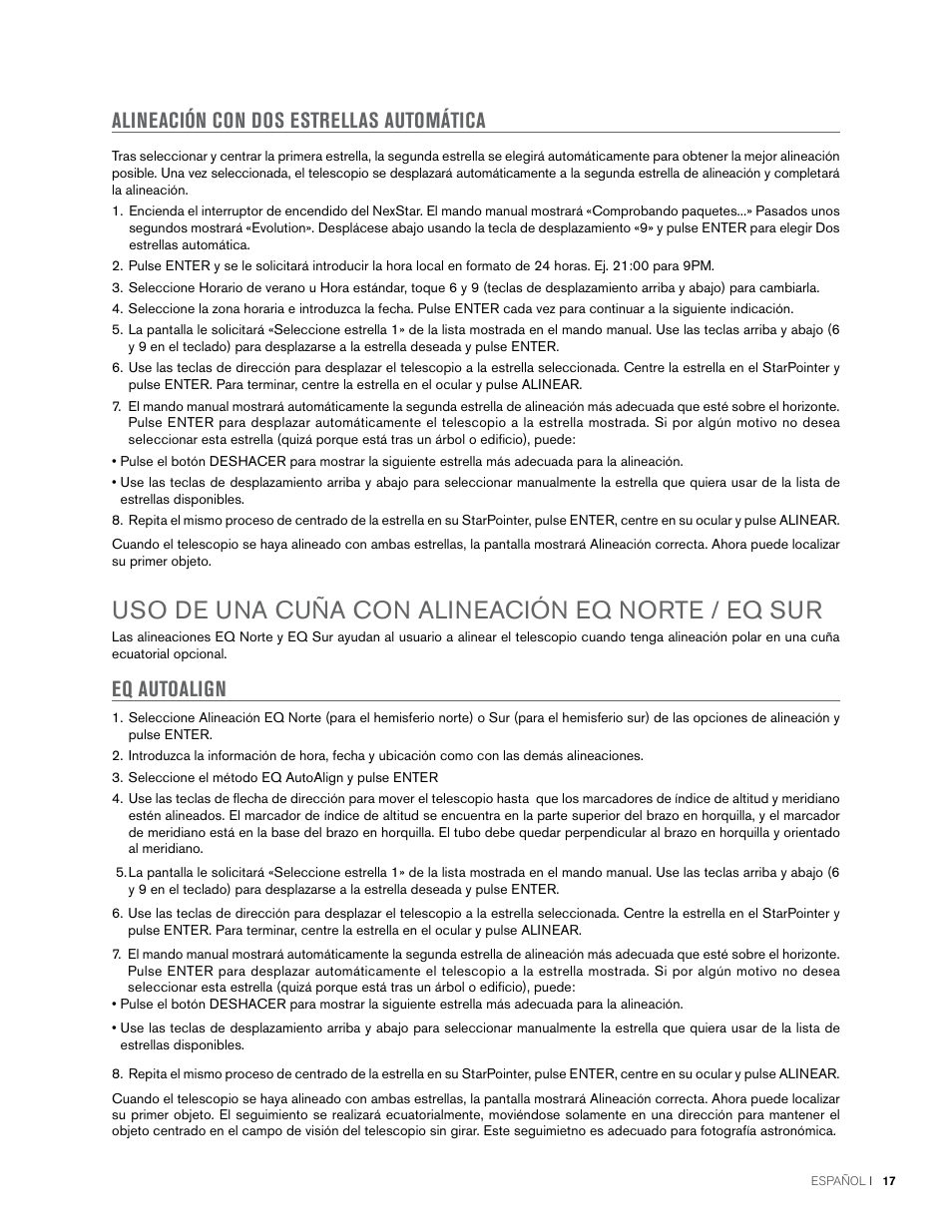Uso de una cuña con alineación eq norte / eq sur, Alineación con dos estrellas automática, Eq autoalign | Celestron NexStar Evolution 6 150mm f/10 Schmidt-Cassegrain GoTo Telescope User Manual | Page 103 / 142
