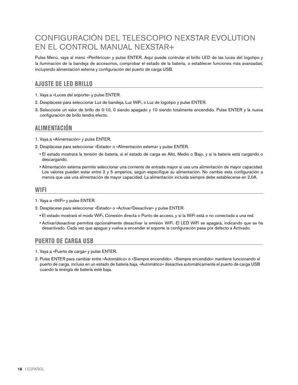 Ajuste de led brillo, Alimentación, Wifi puerto de carga usb | Celestron NexStar Evolution 6 150mm f/10 Schmidt-Cassegrain GoTo Telescope User Manual | Page 104 / 142
