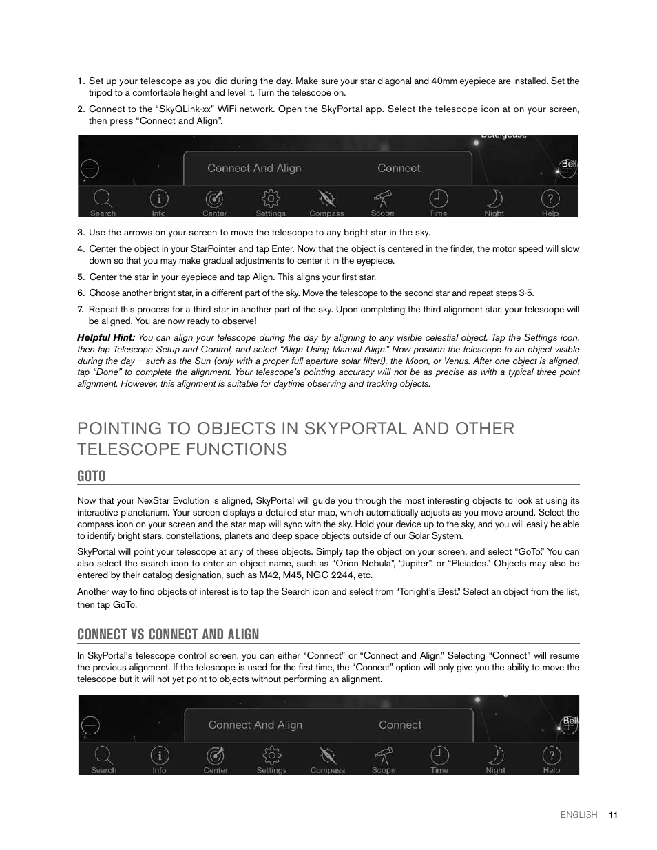 Goto connect vs connect and align | Celestron NexStar Evolution 6 150mm f/10 Schmidt-Cassegrain GoTo Telescope User Manual | Page 11 / 142