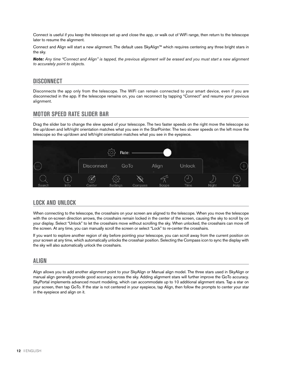 Disconnect, Motor speed rate slider bar, Lock and unlock align | Celestron NexStar Evolution 6 150mm f/10 Schmidt-Cassegrain GoTo Telescope User Manual | Page 12 / 142