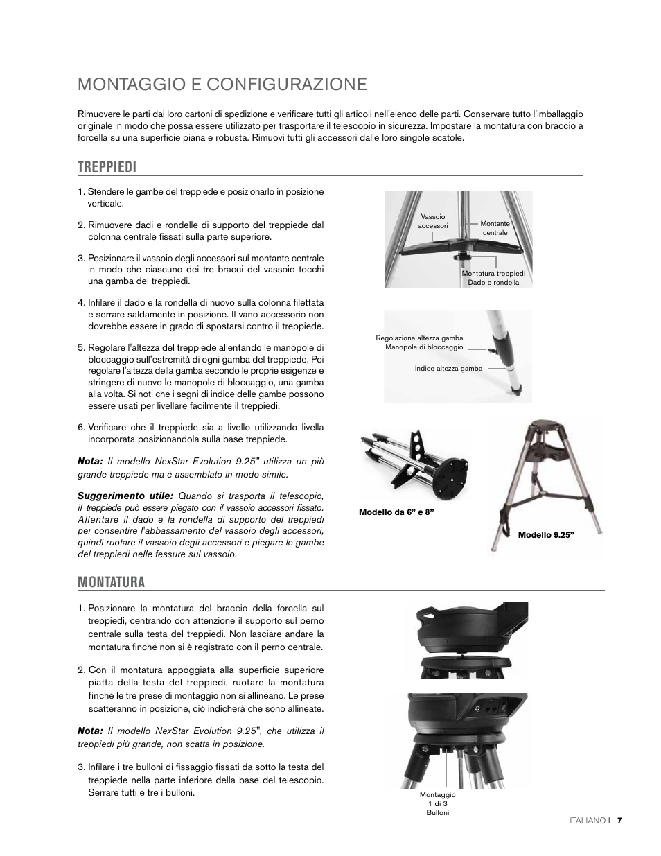 Montaggio e configurazione, Treppiedi, Montatura | Celestron NexStar Evolution 6 150mm f/10 Schmidt-Cassegrain GoTo Telescope User Manual | Page 121 / 142