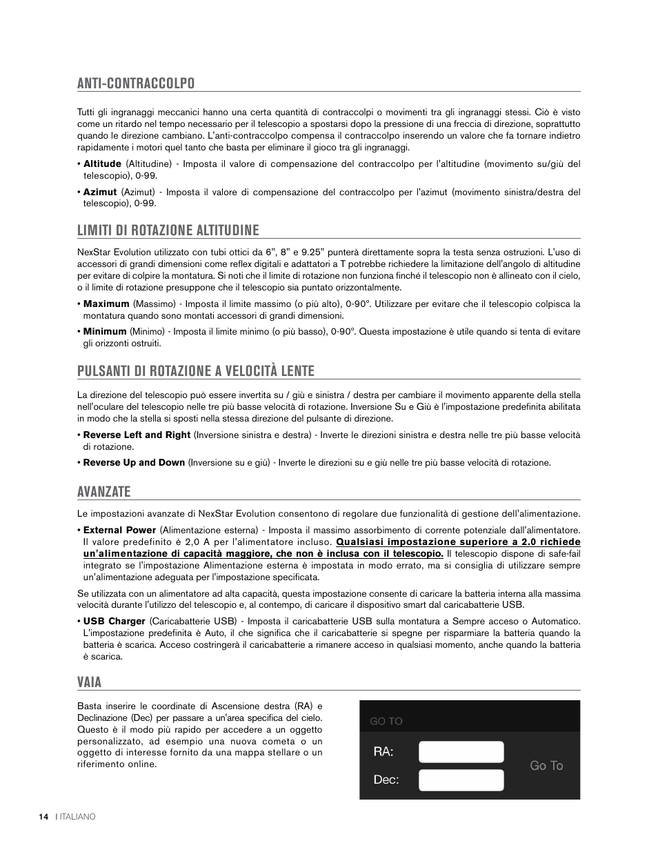 Anti-contraccolpo, Limiti di rotazione altitudine, Pulsanti di rotazione a velocità lente | Avanzate, Vaia | Celestron NexStar Evolution 6 150mm f/10 Schmidt-Cassegrain GoTo Telescope User Manual | Page 128 / 142