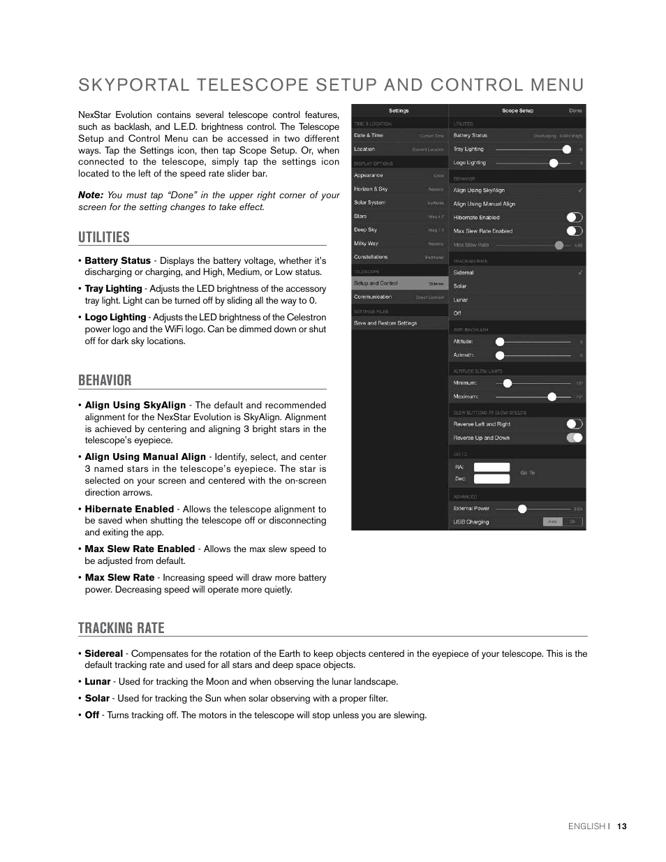 Skyportal telescope setup and control menu, Utilities, Behavior | Tracking rate | Celestron NexStar Evolution 6 150mm f/10 Schmidt-Cassegrain GoTo Telescope User Manual | Page 13 / 142