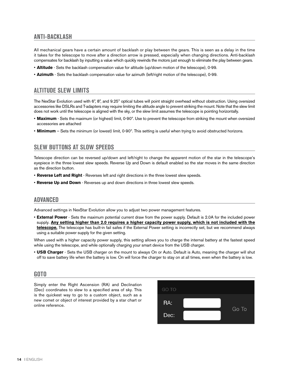 Anti-backlash, Altitude slew limits, Slew buttons at slow speeds | Advanced, Goto | Celestron NexStar Evolution 6 150mm f/10 Schmidt-Cassegrain GoTo Telescope User Manual | Page 14 / 142