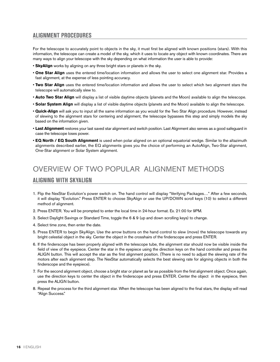Overview of two popular alignment methods, Alignment procedures, Aligning with skyalign | Celestron NexStar Evolution 6 150mm f/10 Schmidt-Cassegrain GoTo Telescope User Manual | Page 16 / 142