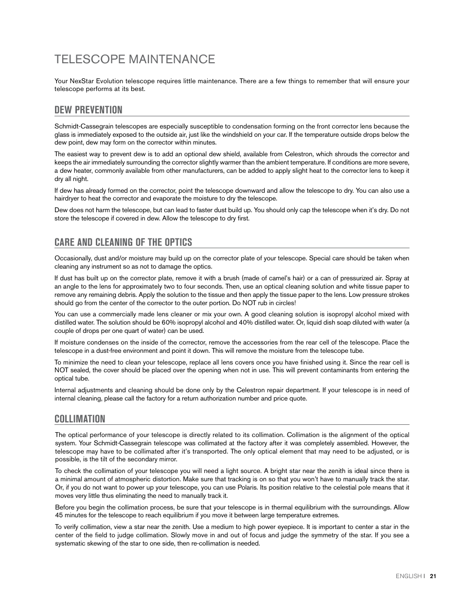 Telescope maintenance, Dew prevention, Care and cleaning of the optics | Collimation | Celestron NexStar Evolution 6 150mm f/10 Schmidt-Cassegrain GoTo Telescope User Manual | Page 21 / 142