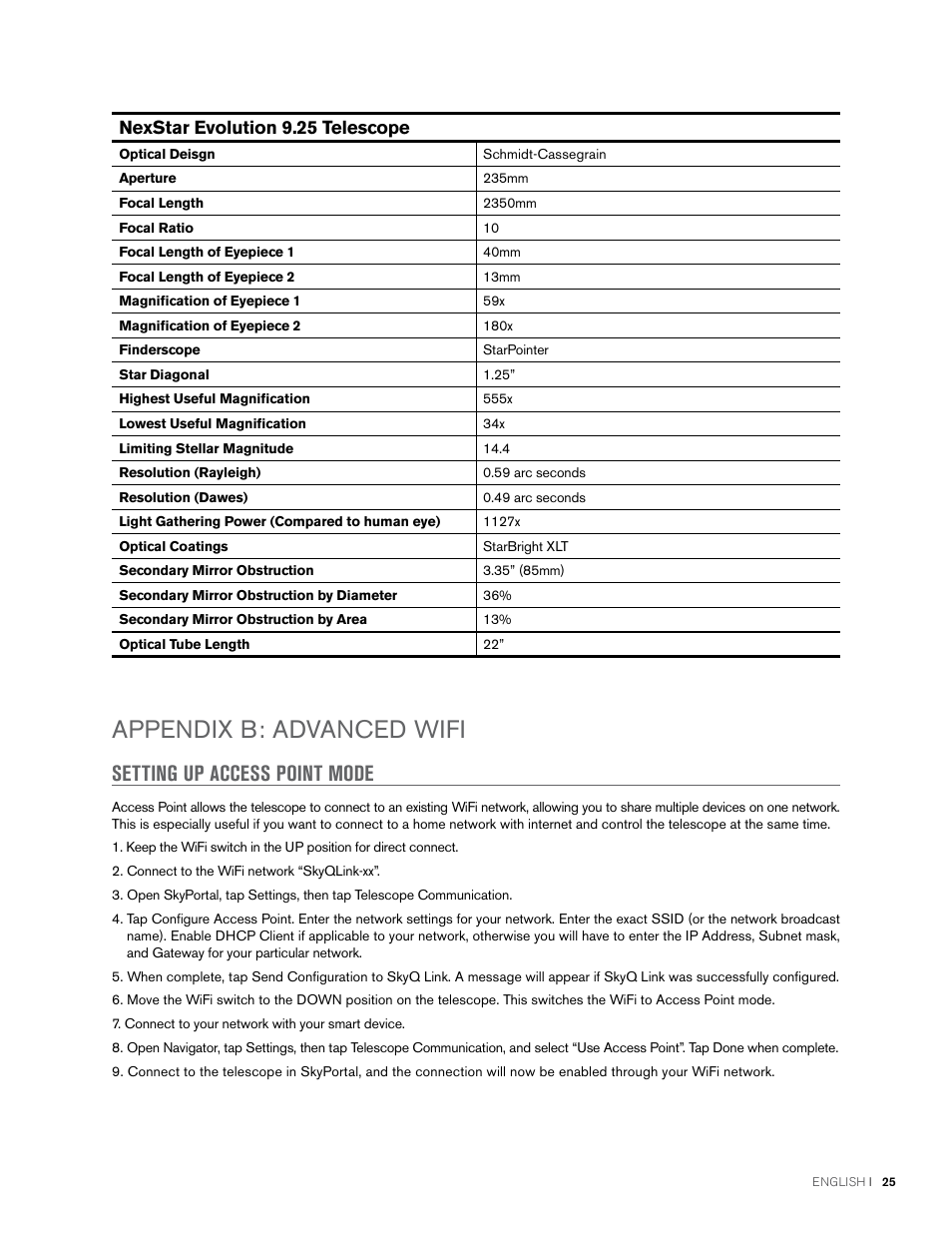 Appendix b: advanced wifi, Setting up access point mode, Nexstar evolution 9.25 telescope | Celestron NexStar Evolution 6 150mm f/10 Schmidt-Cassegrain GoTo Telescope User Manual | Page 25 / 142