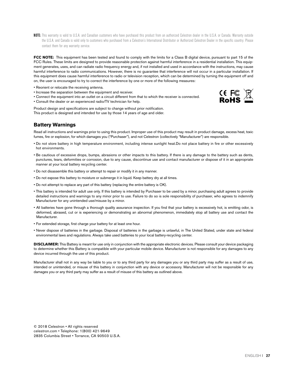 Battery warnings | Celestron NexStar Evolution 6 150mm f/10 Schmidt-Cassegrain GoTo Telescope User Manual | Page 27 / 142