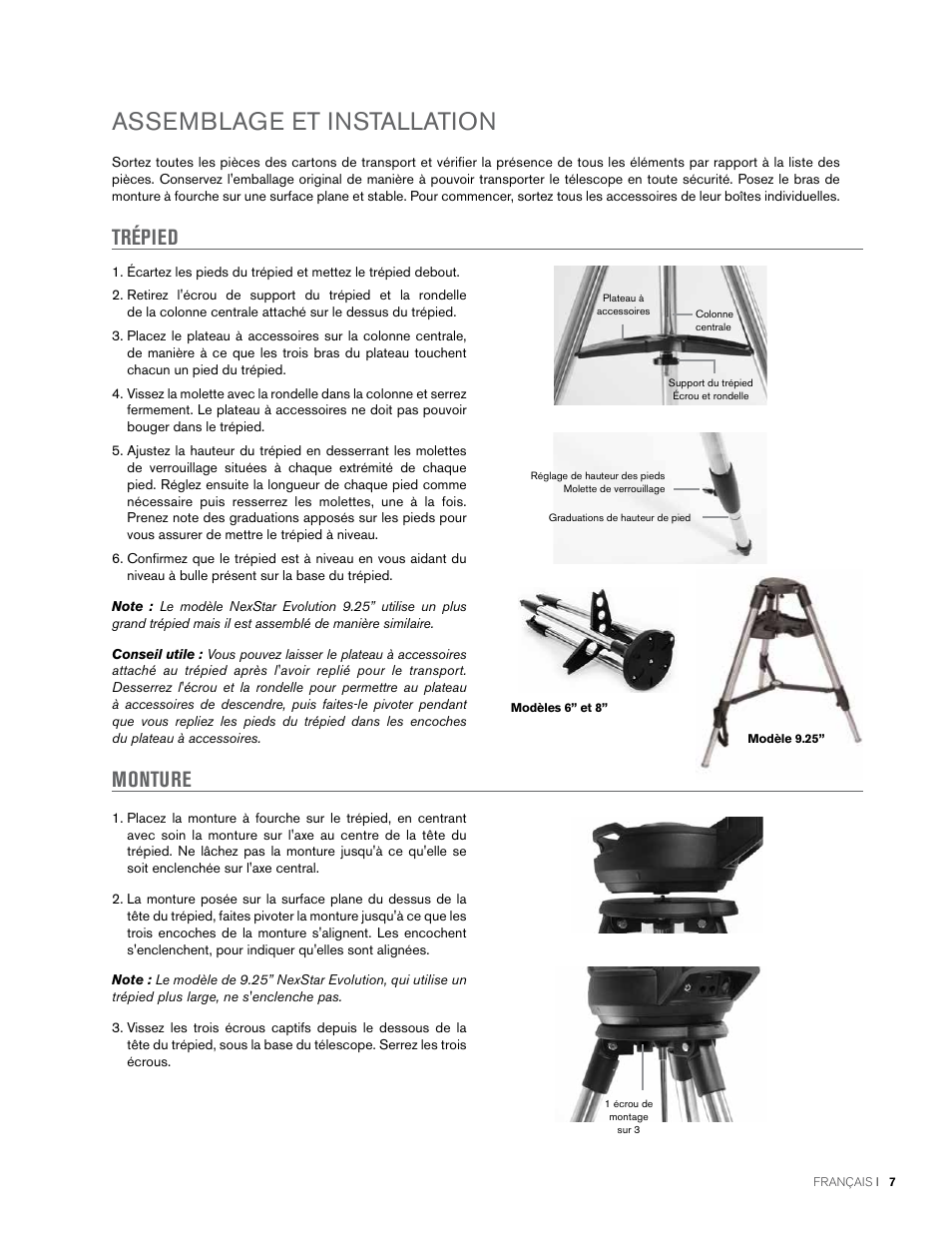 Assemblage et installation, Trépied, Monture | Celestron NexStar Evolution 6 150mm f/10 Schmidt-Cassegrain GoTo Telescope User Manual | Page 35 / 142