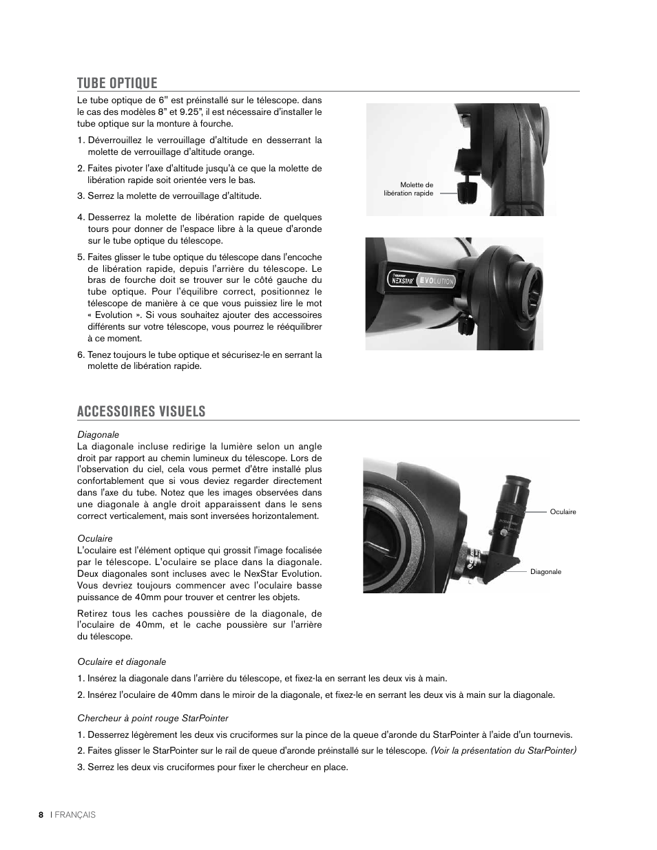 Tube optique accessoires visuels | Celestron NexStar Evolution 6 150mm f/10 Schmidt-Cassegrain GoTo Telescope User Manual | Page 36 / 142