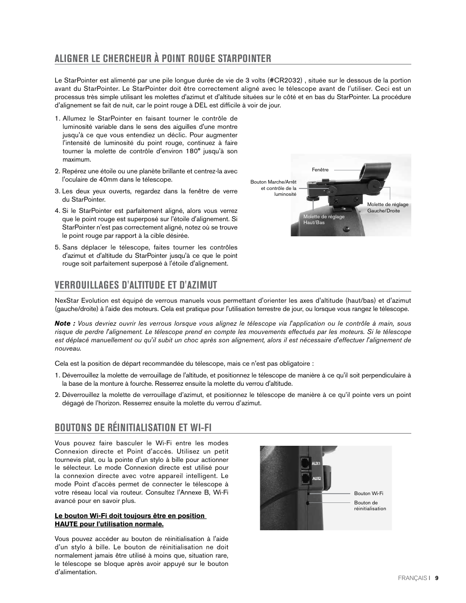 Aligner le chercheur à point rouge starpointer, Verrouillages d'altitude et d'azimut, Boutons de réinitialisation et wi-fi | Celestron NexStar Evolution 6 150mm f/10 Schmidt-Cassegrain GoTo Telescope User Manual | Page 37 / 142