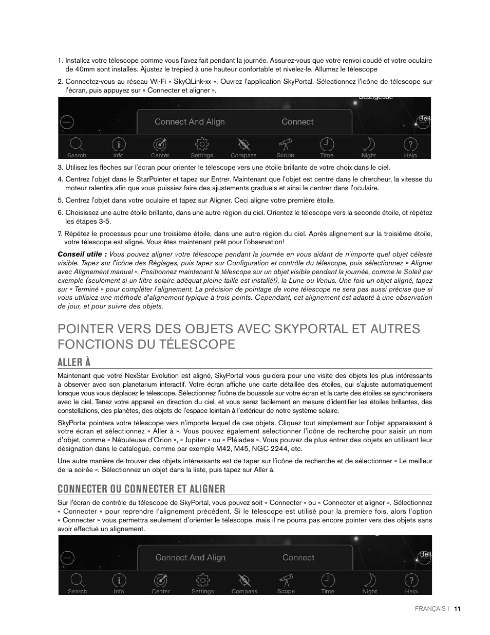 Aller à connecter ou connecter et aligner | Celestron NexStar Evolution 6 150mm f/10 Schmidt-Cassegrain GoTo Telescope User Manual | Page 39 / 142