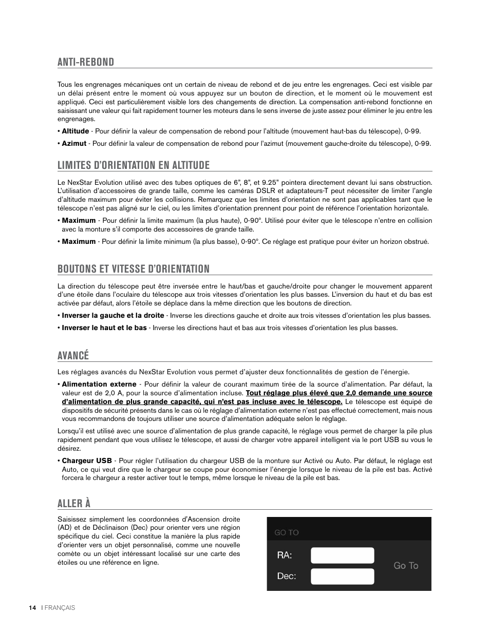 Anti-rebond, Limites d’orientation en altitude, Boutons et vitesse d’orientation | Avancé, Aller а | Celestron NexStar Evolution 6 150mm f/10 Schmidt-Cassegrain GoTo Telescope User Manual | Page 42 / 142