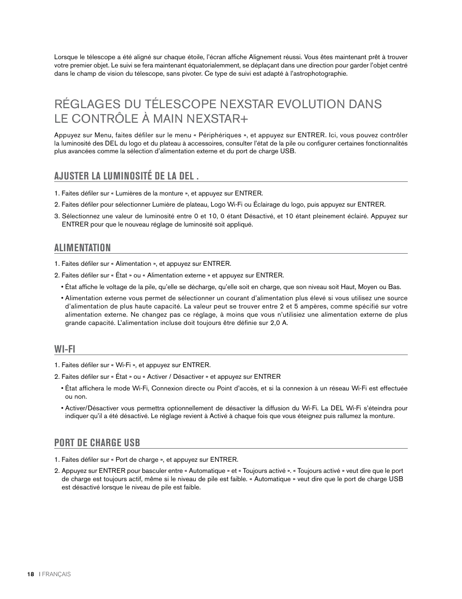 Ajuster la luminosité de la del, Alimentation, Wi-fi port de charge usb | Celestron NexStar Evolution 6 150mm f/10 Schmidt-Cassegrain GoTo Telescope User Manual | Page 46 / 142