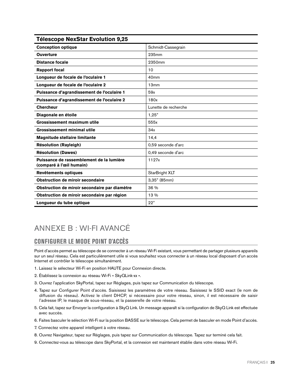 Annexe b : wi-fi avancé, Configurer le mode point d’accès, Télescope nexstar evolution 9,25 | Celestron NexStar Evolution 6 150mm f/10 Schmidt-Cassegrain GoTo Telescope User Manual | Page 53 / 142