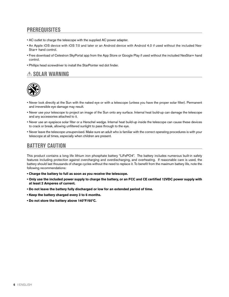 Solar warning, Prerequisites battery caution | Celestron NexStar Evolution 6 150mm f/10 Schmidt-Cassegrain GoTo Telescope User Manual | Page 6 / 142