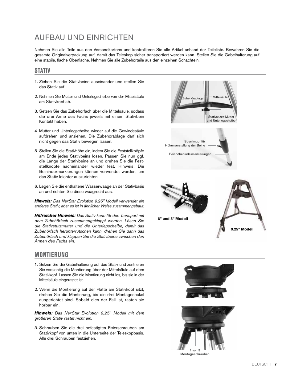 Aufbau und einrichten, Stativ, Montierung | Celestron NexStar Evolution 6 150mm f/10 Schmidt-Cassegrain GoTo Telescope User Manual | Page 63 / 142