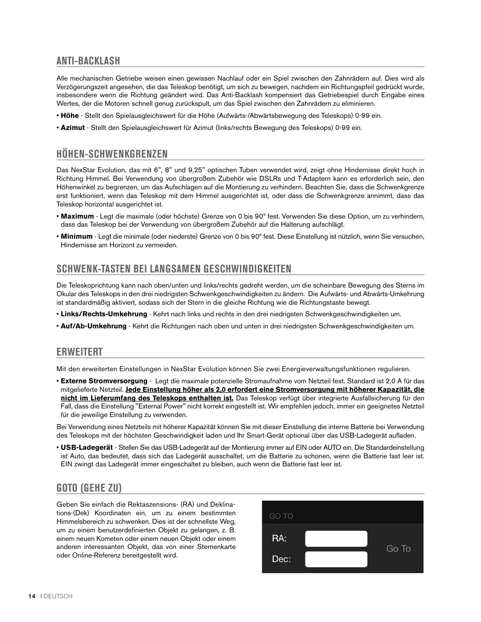 Anti-backlash, Höhen-schwenkgrenzen, Schwenk-tasten bei langsamen geschwindigkeiten | Erweitert, Goto (gehe zu) | Celestron NexStar Evolution 6 150mm f/10 Schmidt-Cassegrain GoTo Telescope User Manual | Page 70 / 142