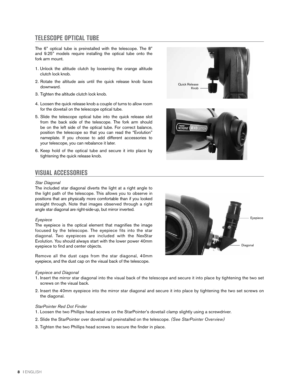 Telescope optical tube visual accessories | Celestron NexStar Evolution 6 150mm f/10 Schmidt-Cassegrain GoTo Telescope User Manual | Page 8 / 142