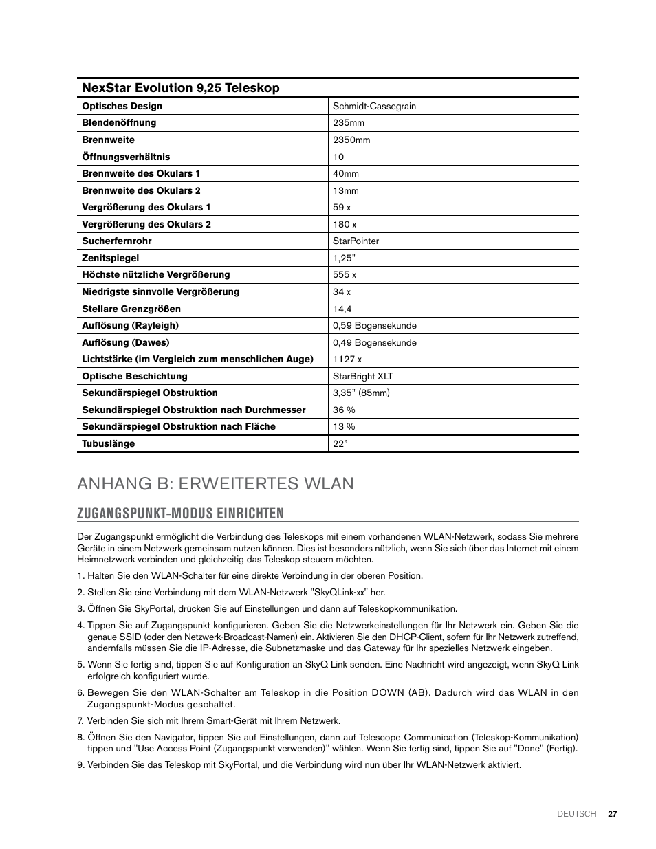 Anhang b: erweitertes wlan, Zugangspunkt-modus einrichten, Nexstar evolution 9,25 teleskop | Celestron NexStar Evolution 6 150mm f/10 Schmidt-Cassegrain GoTo Telescope User Manual | Page 83 / 142