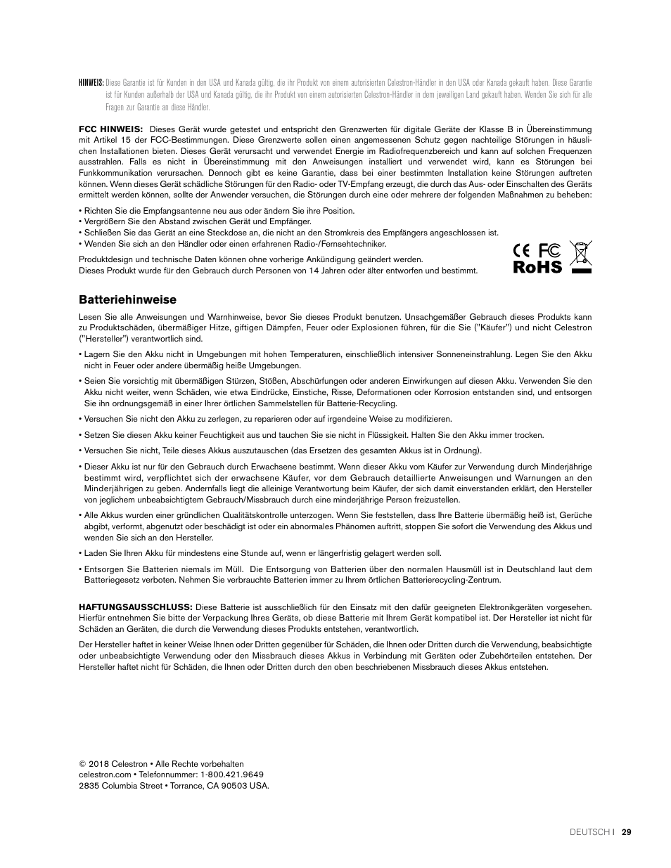 Batteriehinweise | Celestron NexStar Evolution 6 150mm f/10 Schmidt-Cassegrain GoTo Telescope User Manual | Page 85 / 142