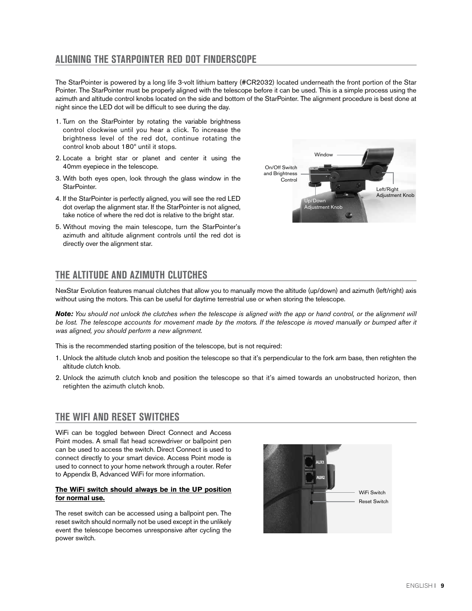 Aligning the starpointer red dot finderscope, The altitude and azimuth clutches, The wifi and reset switches | Celestron NexStar Evolution 6 150mm f/10 Schmidt-Cassegrain GoTo Telescope User Manual | Page 9 / 142