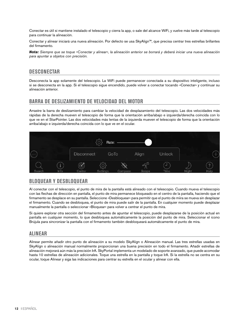 Desconectar, Barra de deslizamiento de velocidad del motor, Bloquear y desbloquear alinear | Celestron NexStar Evolution 6 150mm f/10 Schmidt-Cassegrain GoTo Telescope User Manual | Page 98 / 142