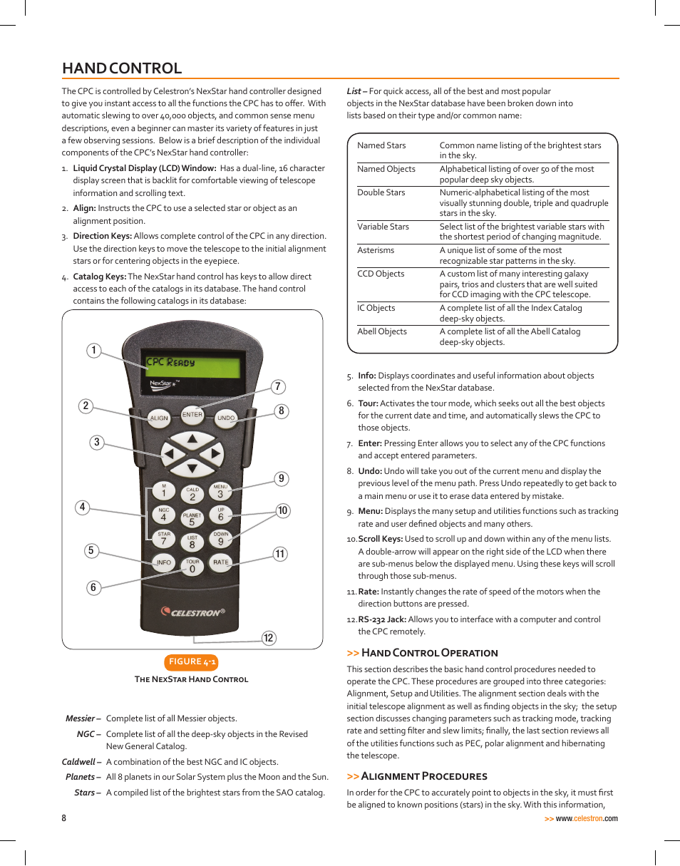 Hand control, Hand control operation, Alignment procedures | Celestron CPC Deluxe 1100 HD Computerized Telescope User Manual | Page 10 / 50