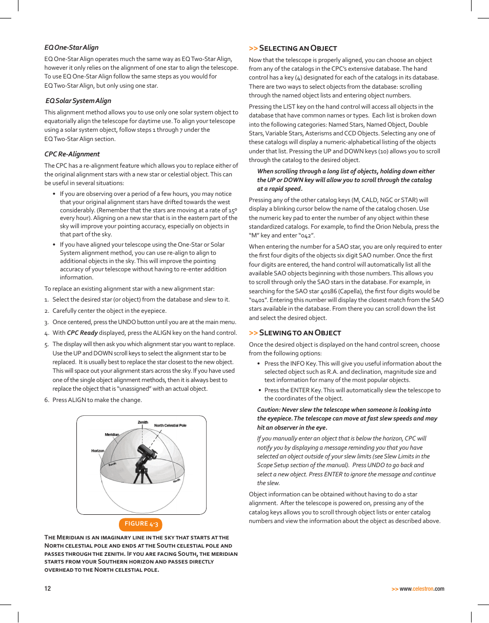 Selecting an object, Slewing to an object | Celestron CPC Deluxe 1100 HD Computerized Telescope User Manual | Page 14 / 50