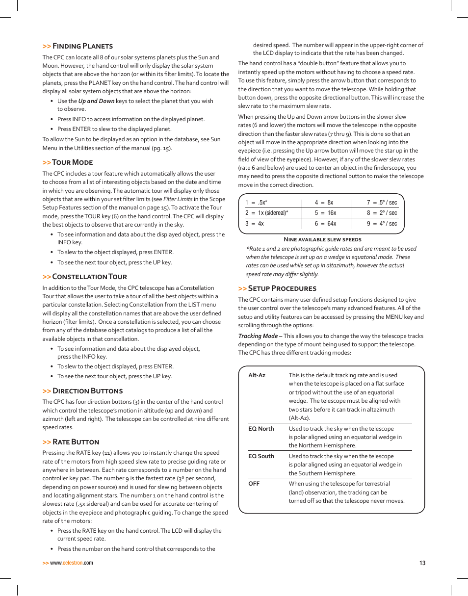 Finding planets, Tour mode, Constellation tour | Direction buttons, Rate button, Setup procedures | Celestron CPC Deluxe 1100 HD Computerized Telescope User Manual | Page 15 / 50