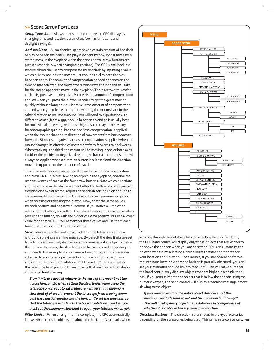 Scope setup features | Celestron CPC Deluxe 1100 HD Computerized Telescope User Manual | Page 17 / 50