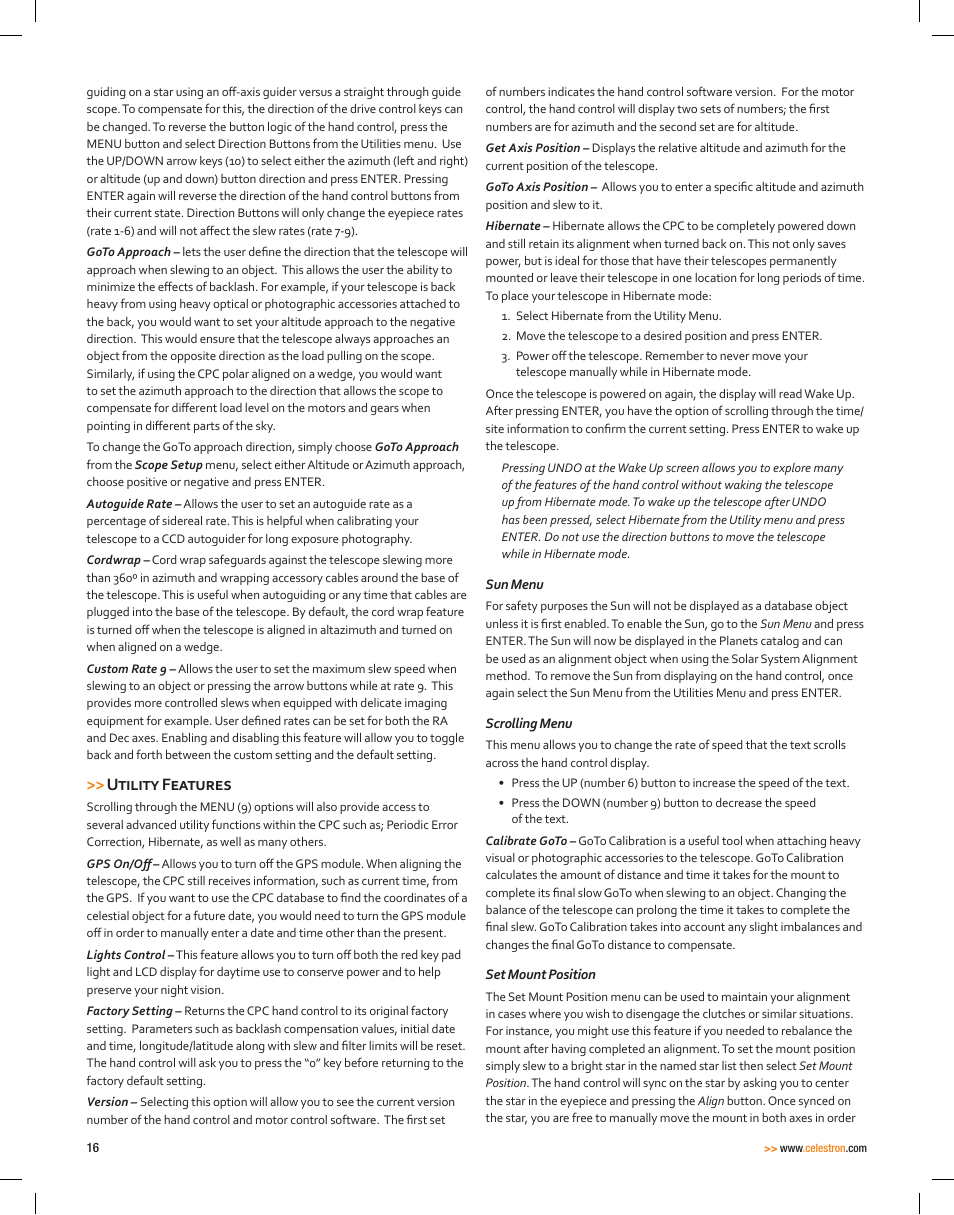 Utility features | Celestron CPC Deluxe 1100 HD Computerized Telescope User Manual | Page 18 / 50