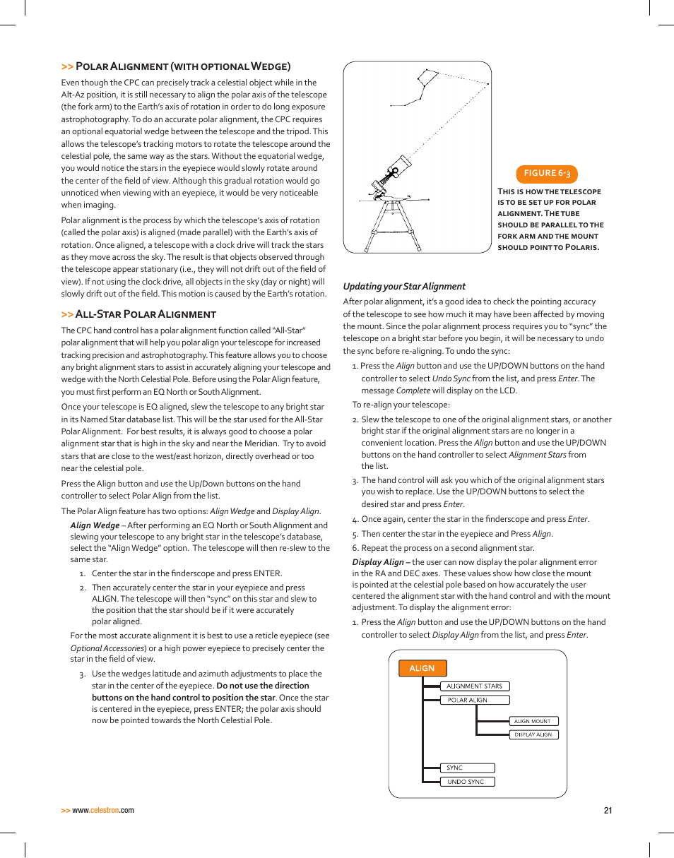 Polar alignment (with optional wedge), All-star polar alignment | Celestron CPC Deluxe 1100 HD Computerized Telescope User Manual | Page 23 / 50